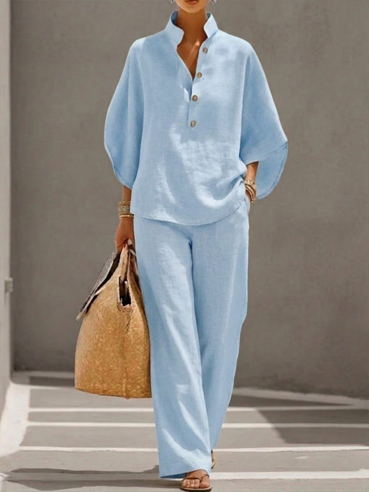 Damen 2-Teiler Set Fledermausärmel Top Weite Hose - Light Blue
