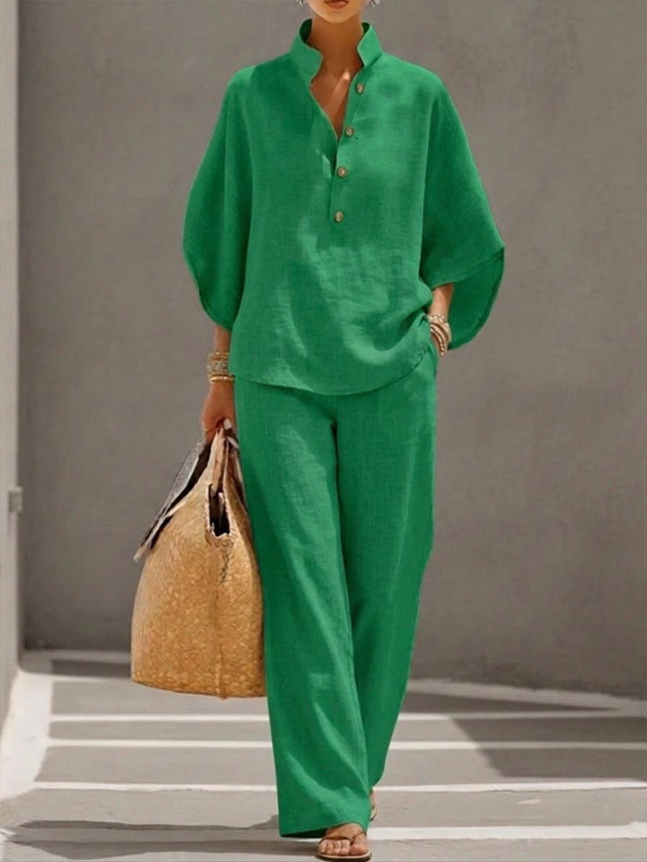 Damen 2-Teiler Set Fledermausärmel Top Weite Hose - Green
