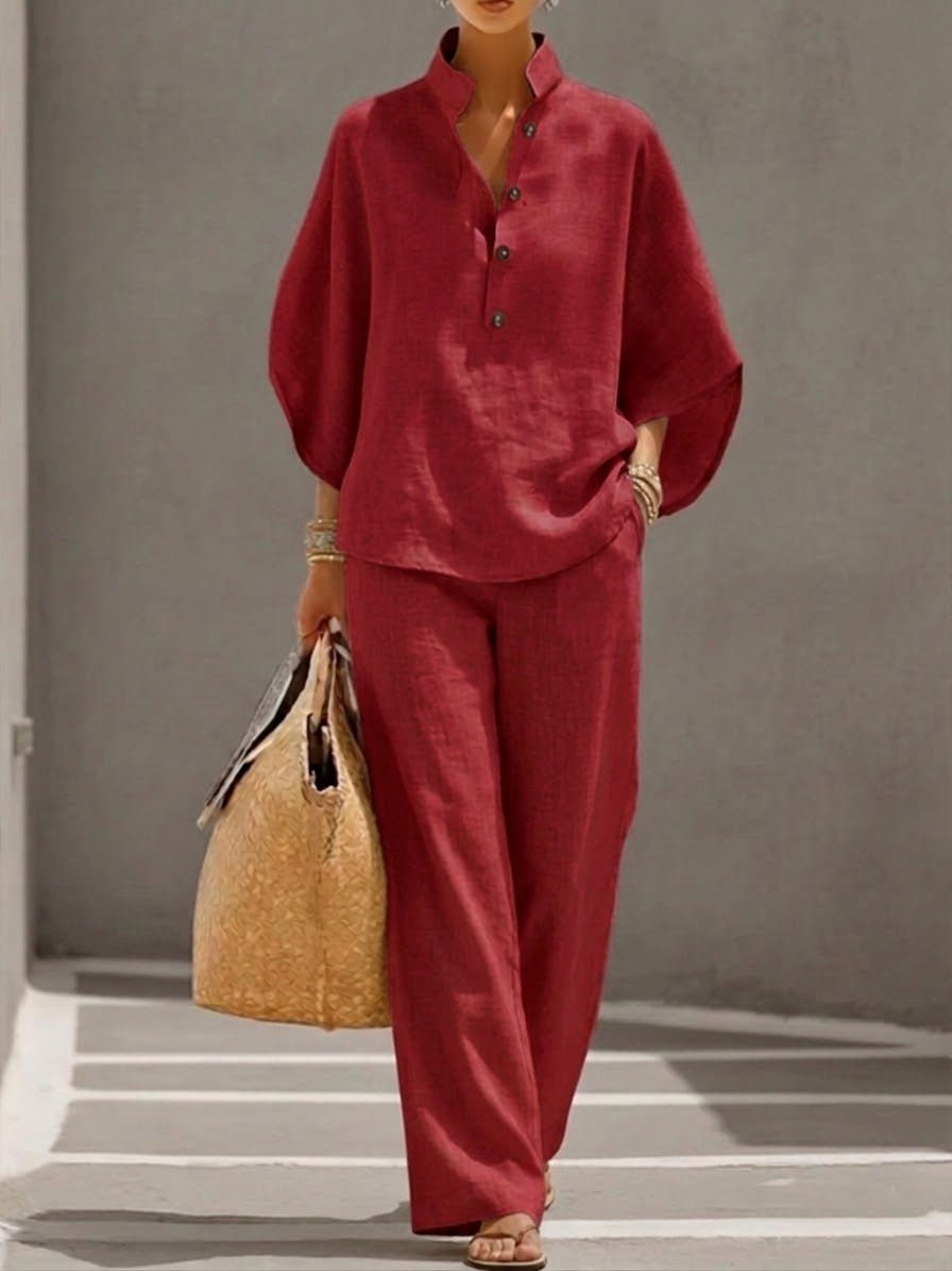 Damen 2-Teiler Set Fledermausärmel Top Weite Hose - Red