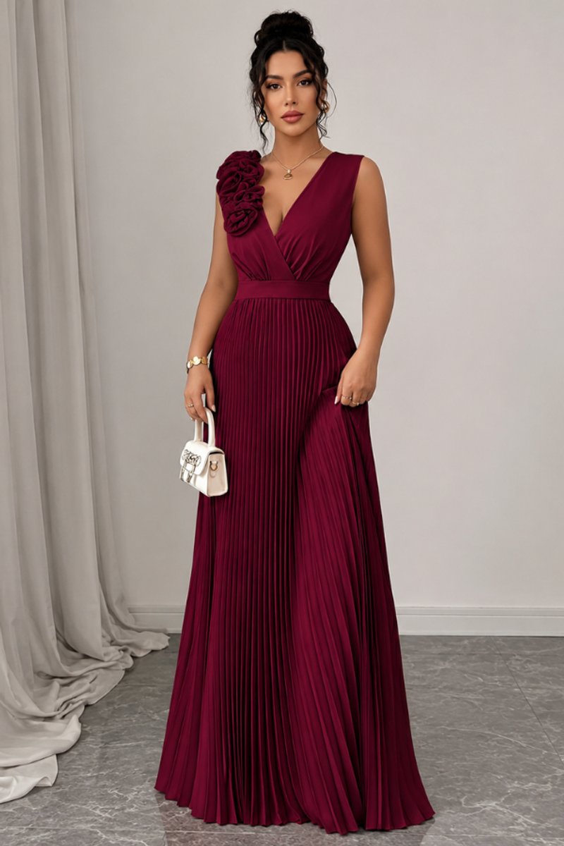 Damen Abendkleid ärmellos plissiert A-Linie Blumenapplikation - Dunkelrot