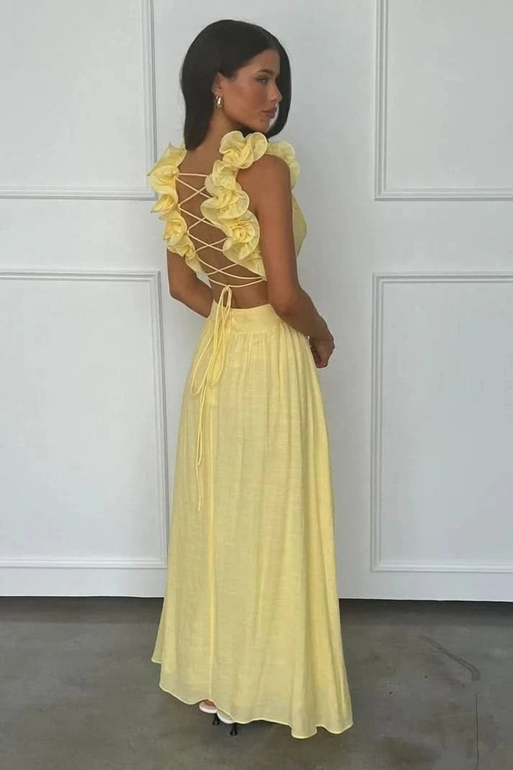 Damen Abendkleid ärmellos plissiert A-Linie Blumenapplikation