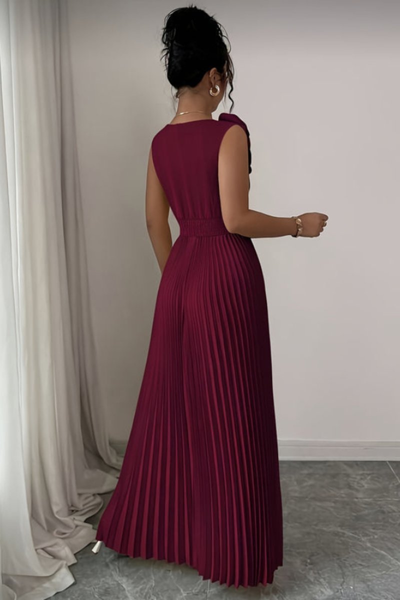 Damen Abendkleid ärmellos plissiert A-Linie Blumenapplikation