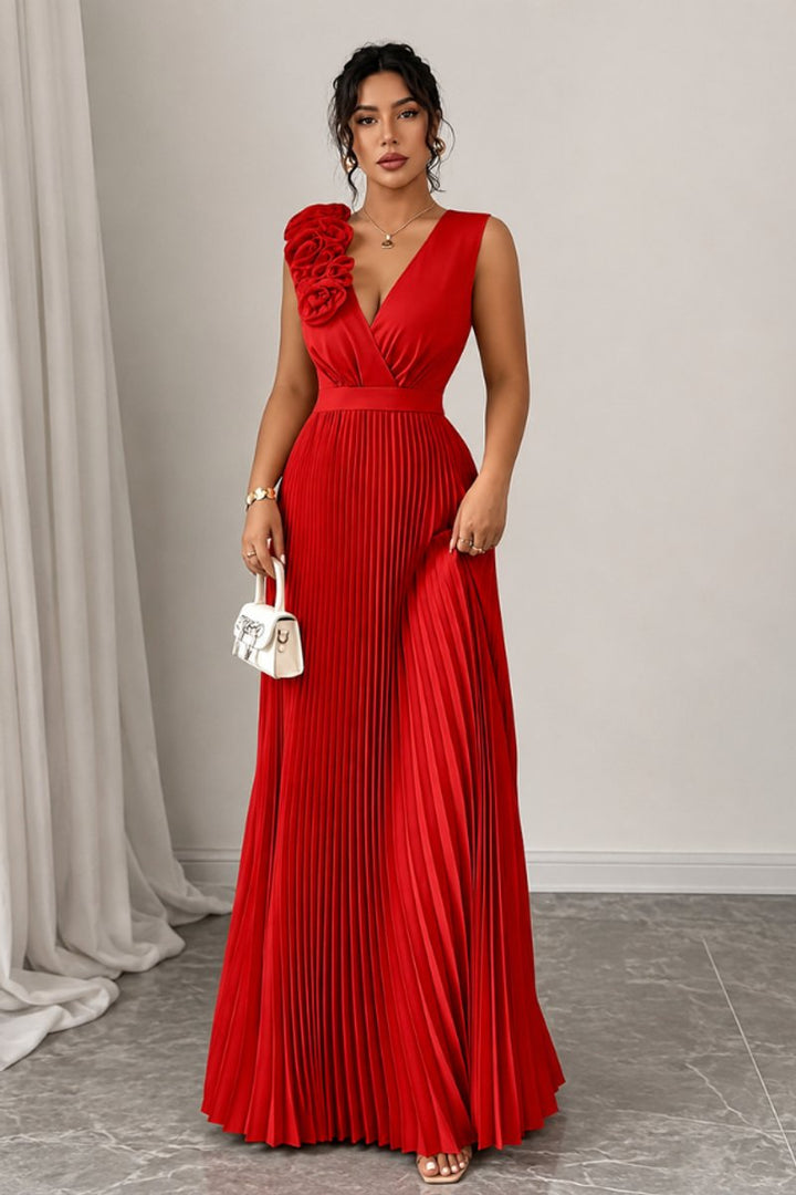 Damen Abendkleid ärmellos plissiert A-Linie Blumenapplikation - Rot