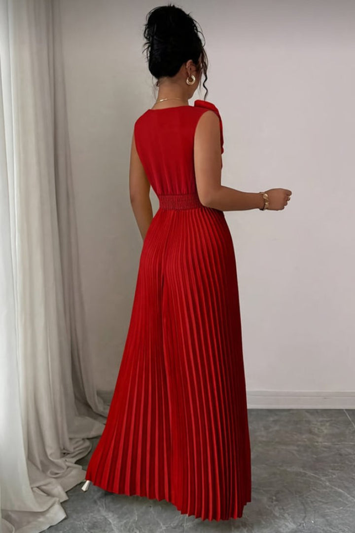Damen Abendkleid ärmellos plissiert A-Linie Blumenapplikation