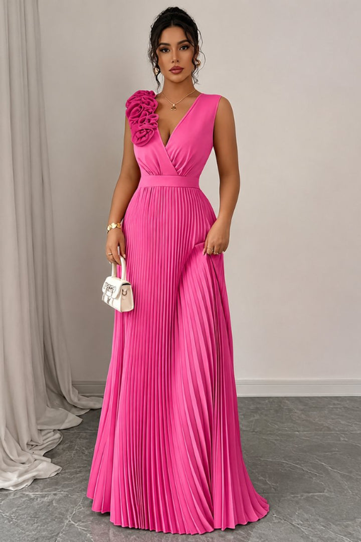 Damen Abendkleid ärmellos plissiert A-Linie Blumenapplikation - Rosenrot