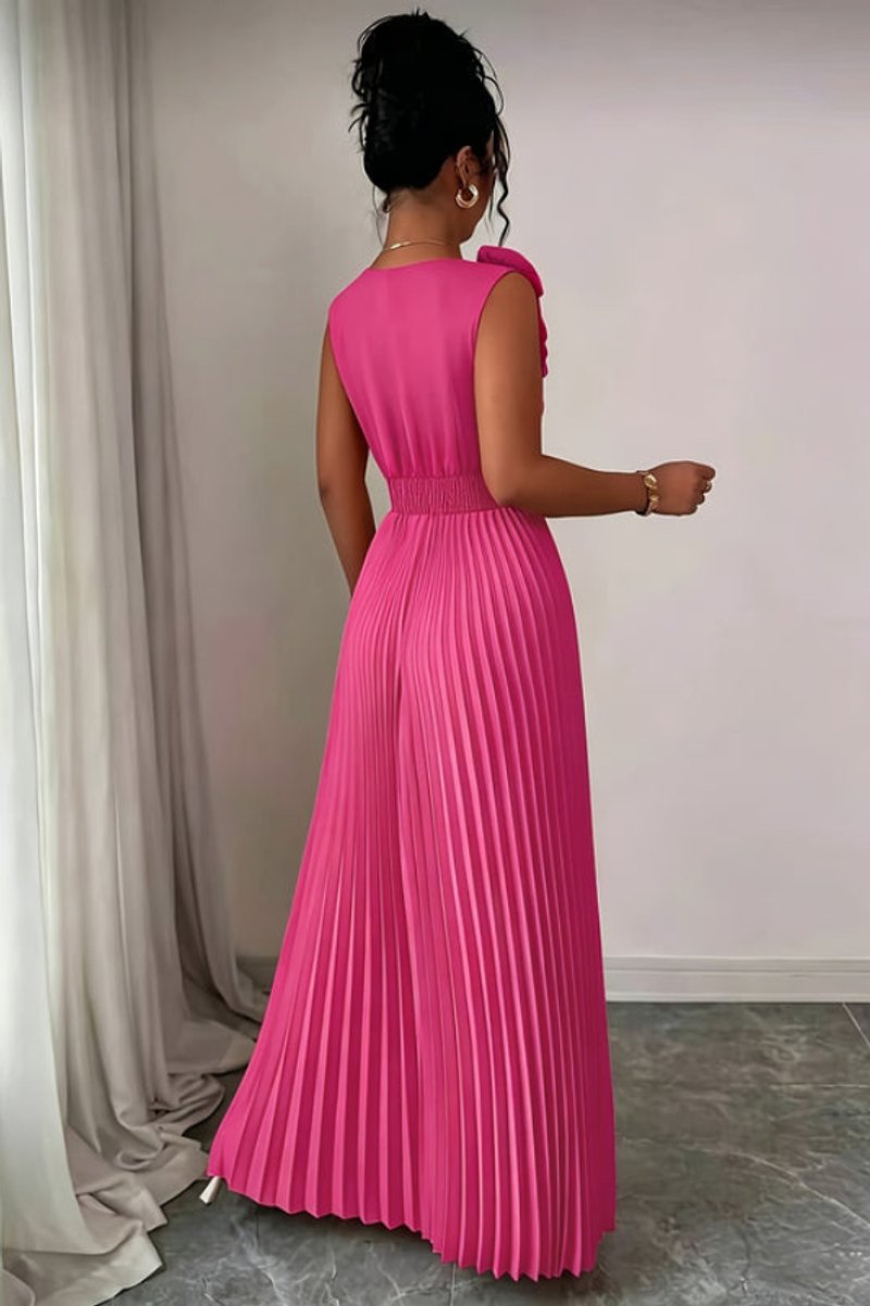 Damen Abendkleid ärmellos plissiert A-Linie Blumenapplikation