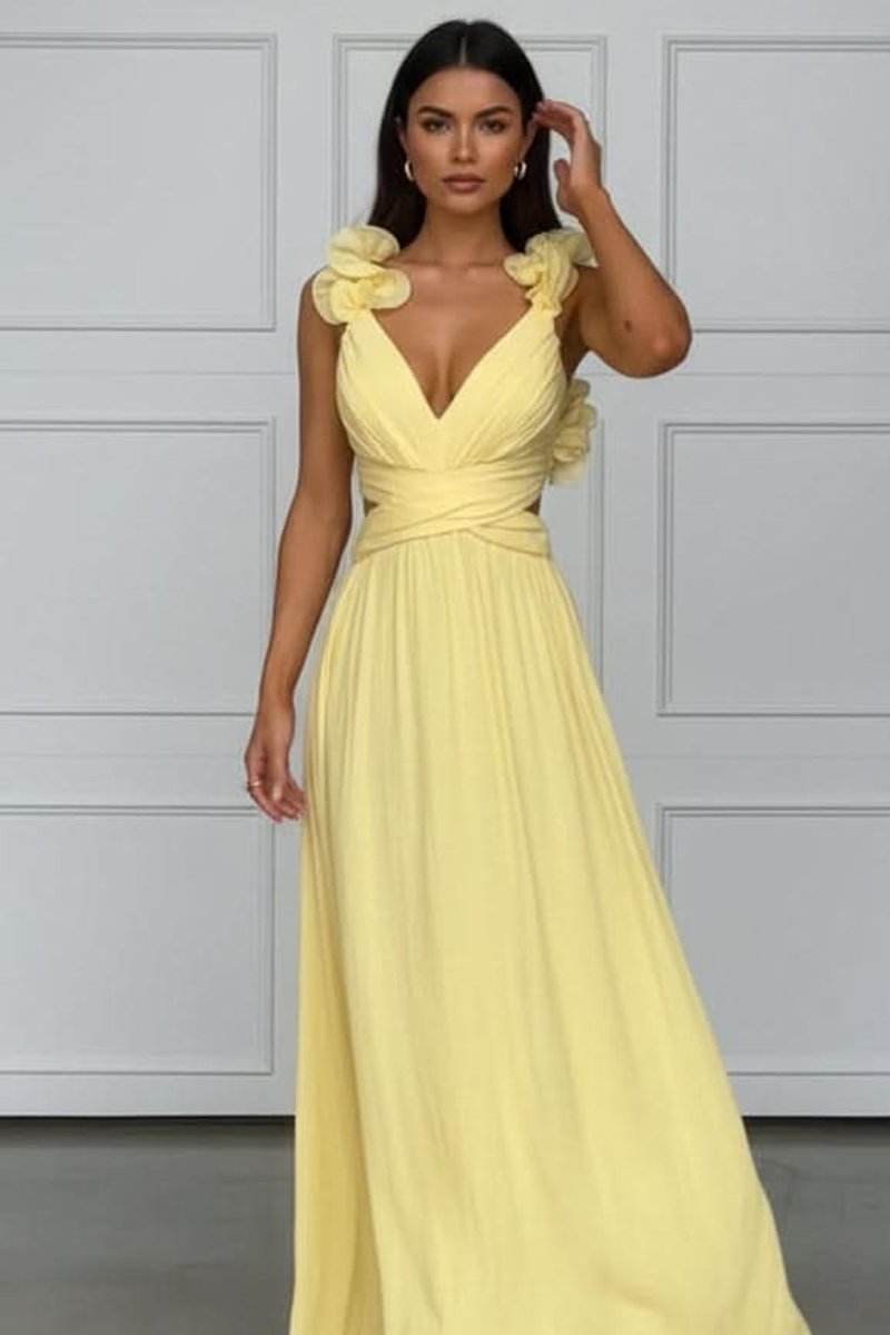 Damen Abendkleid ärmellos plissiert A-Linie Blumenapplikation - Knallgelb