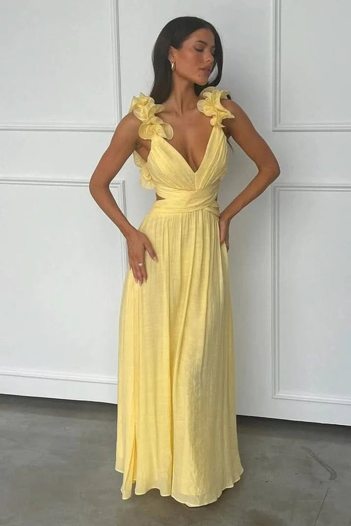 Damen Abendkleid ärmellos plissiert A-Linie Blumenapplikation
