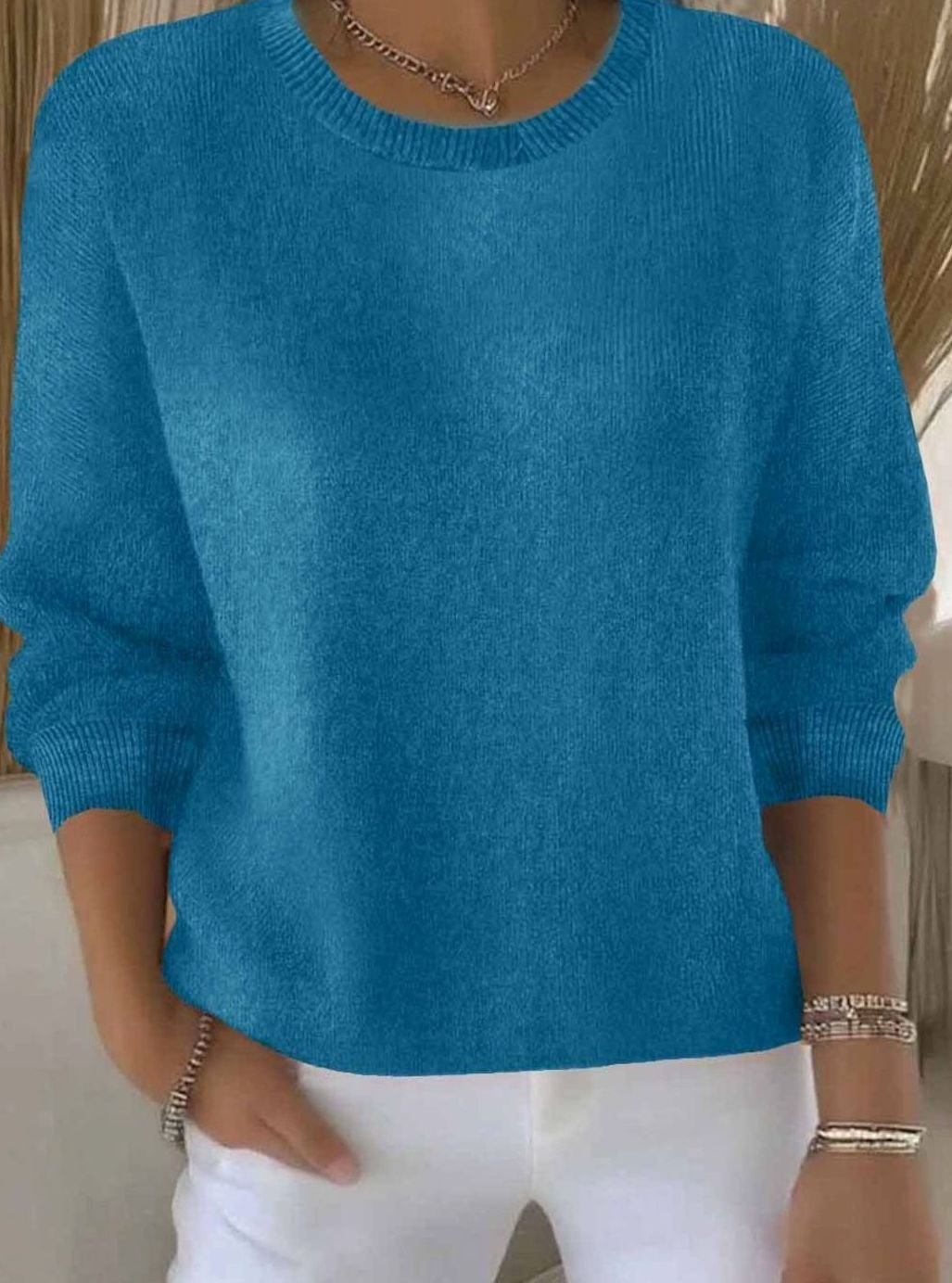 Damen Alltagstauglicher Winter-Strickpullover Rundhals Langarm - Blau