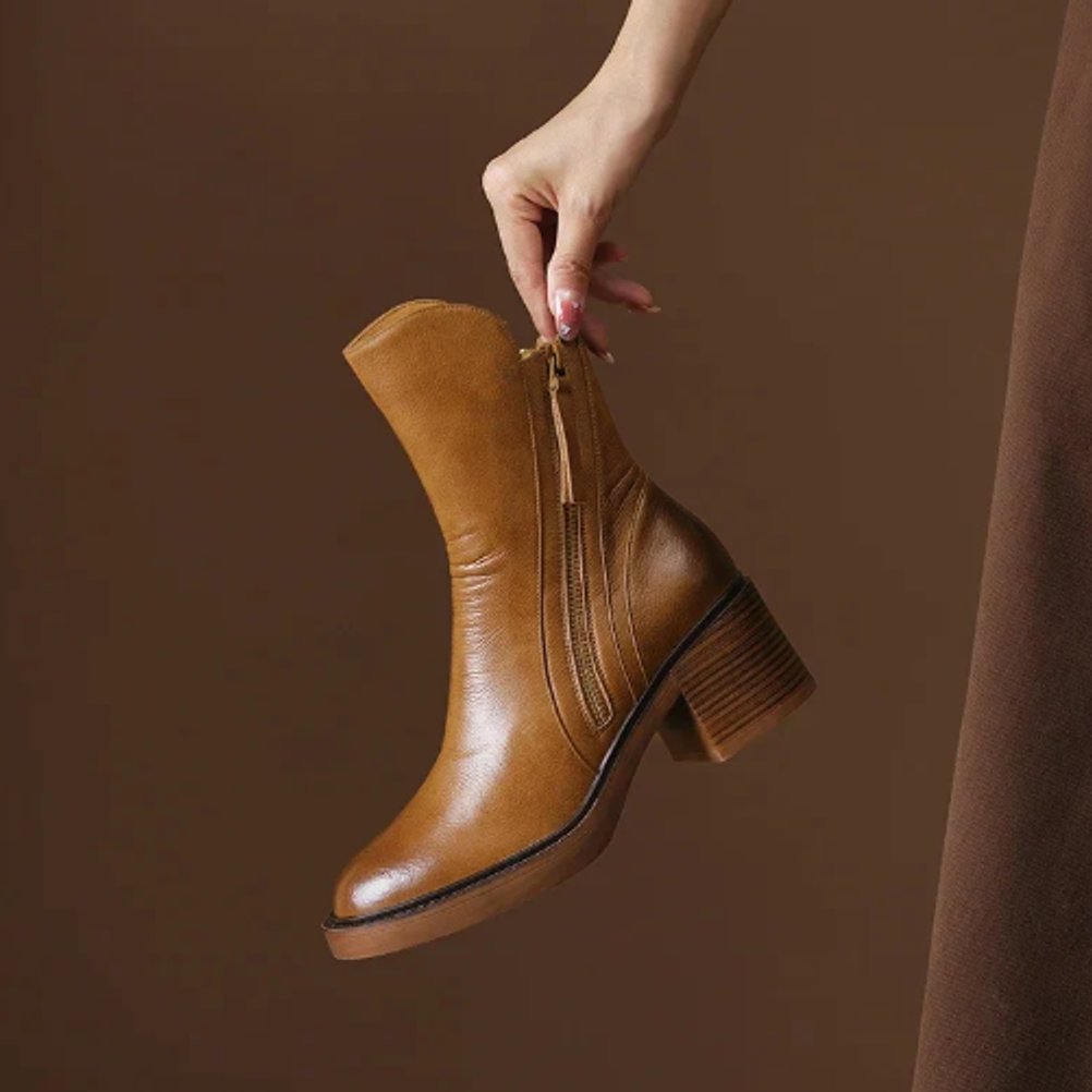 Damen Ankle Boots aus Leder mit Blockabsatz und Reißverschluss