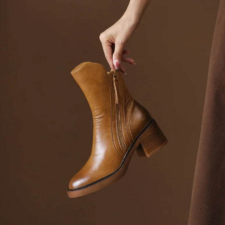 Damen Ankle Boots aus Leder mit Blockabsatz und Reißverschluss