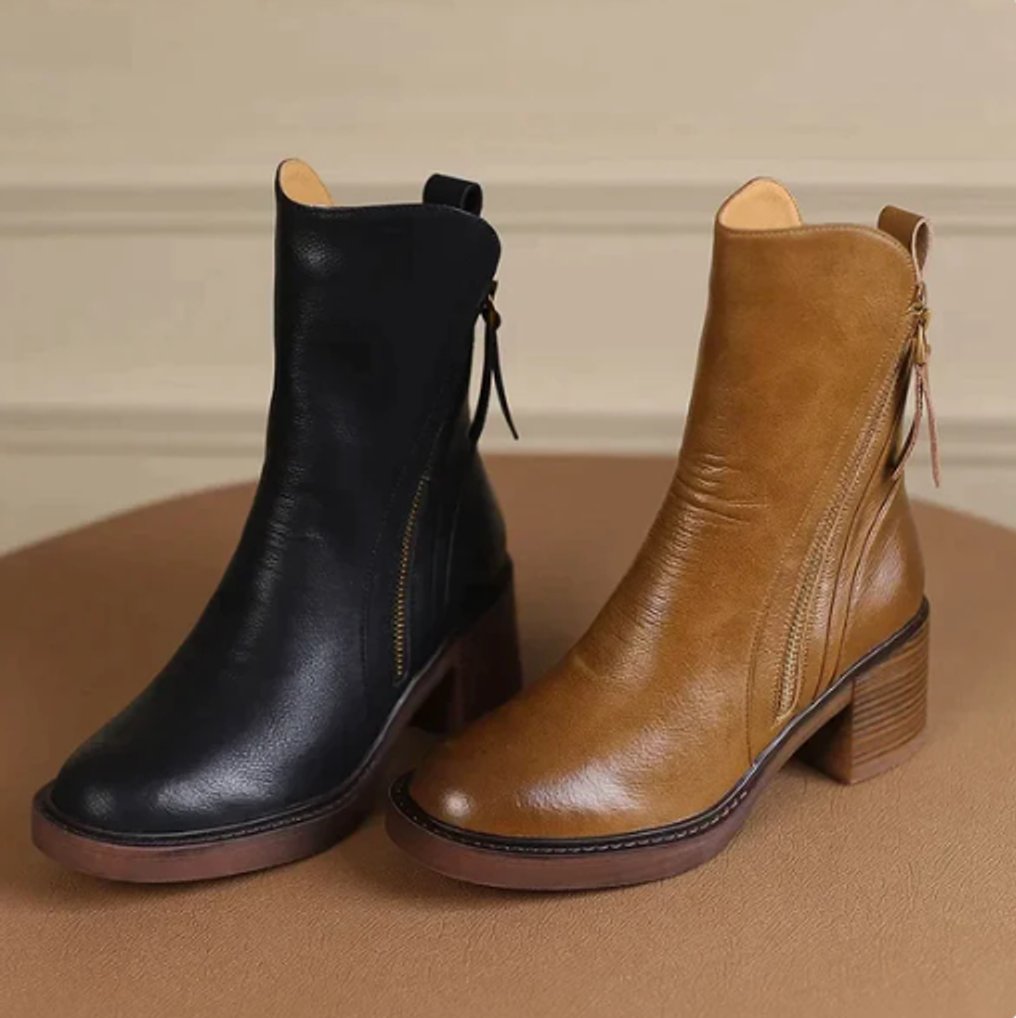 Damen Ankle Boots aus Leder mit Blockabsatz und Reißverschluss