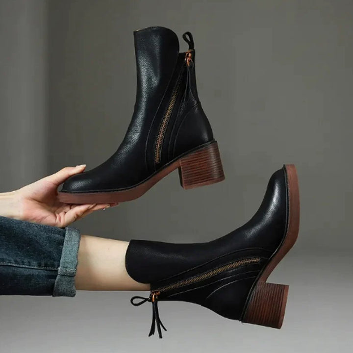 Damen Ankle Boots aus Leder mit Blockabsatz und Reißverschluss - Schwarz