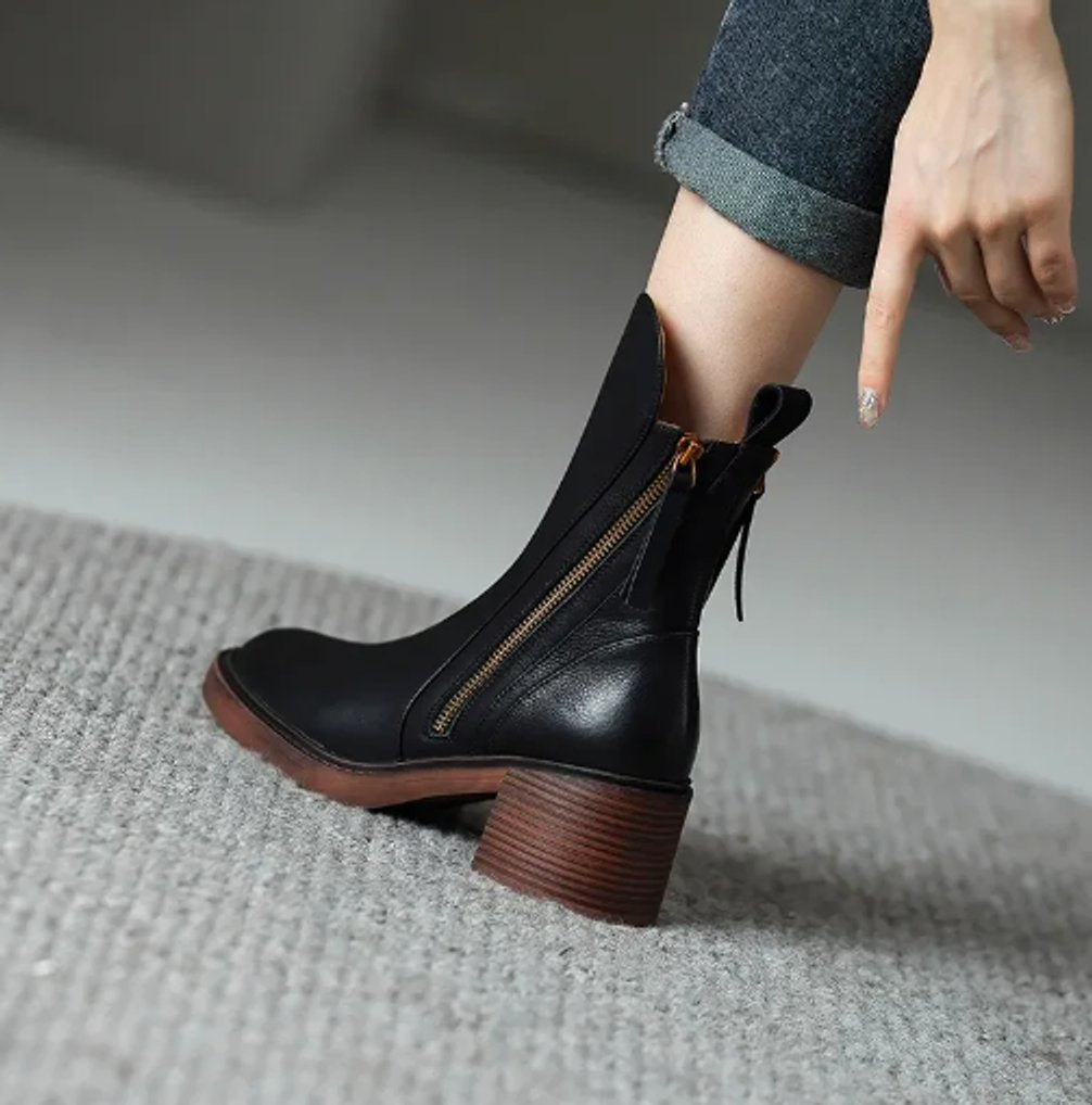 Damen Ankle Boots aus Leder mit Blockabsatz und Reißverschluss