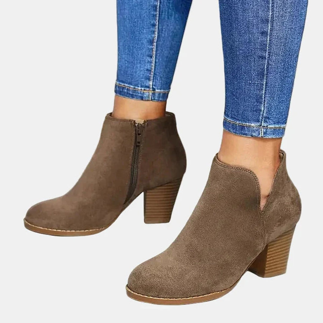 Damen Ankle Boots mit Blockabsatz Reißverschluss Stiefeletten - Beige