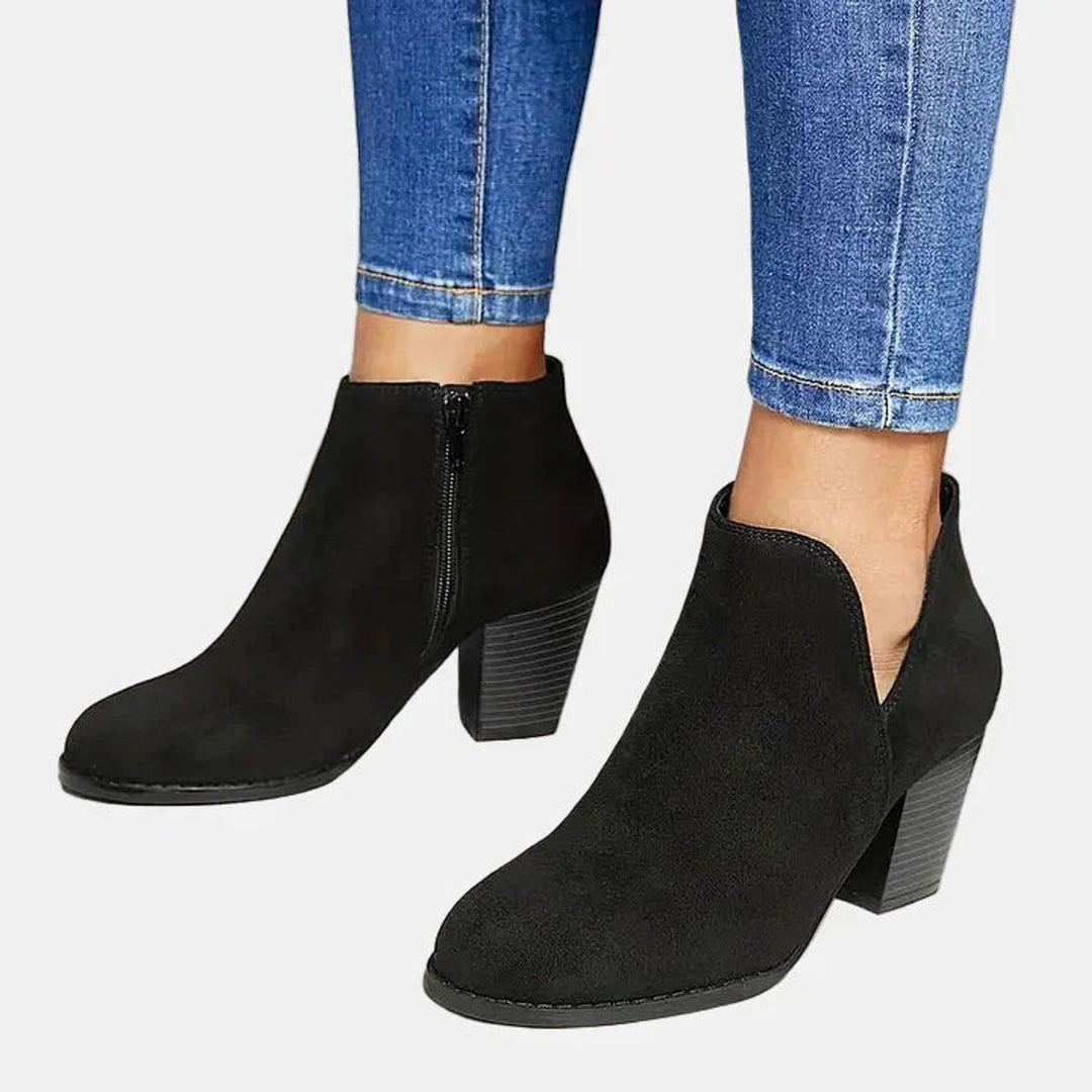 Damen Ankle Boots mit Blockabsatz Reißverschluss Stiefeletten - Schwarz