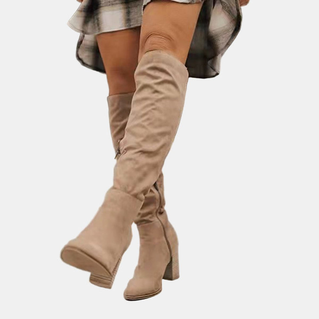 Damen Ankle Boots Overknee-Stiefel mit Blockabsatz Reißverschluss - Beige