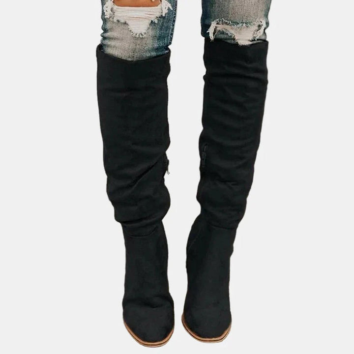 Damen Ankle Boots Overknee-Stiefel mit Blockabsatz Reißverschluss - Schwarz