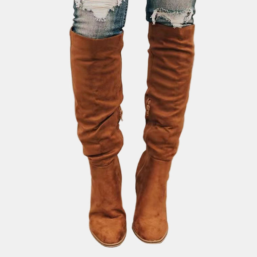 Damen Ankle Boots Overknee-Stiefel mit Blockabsatz Reißverschluss - Braun