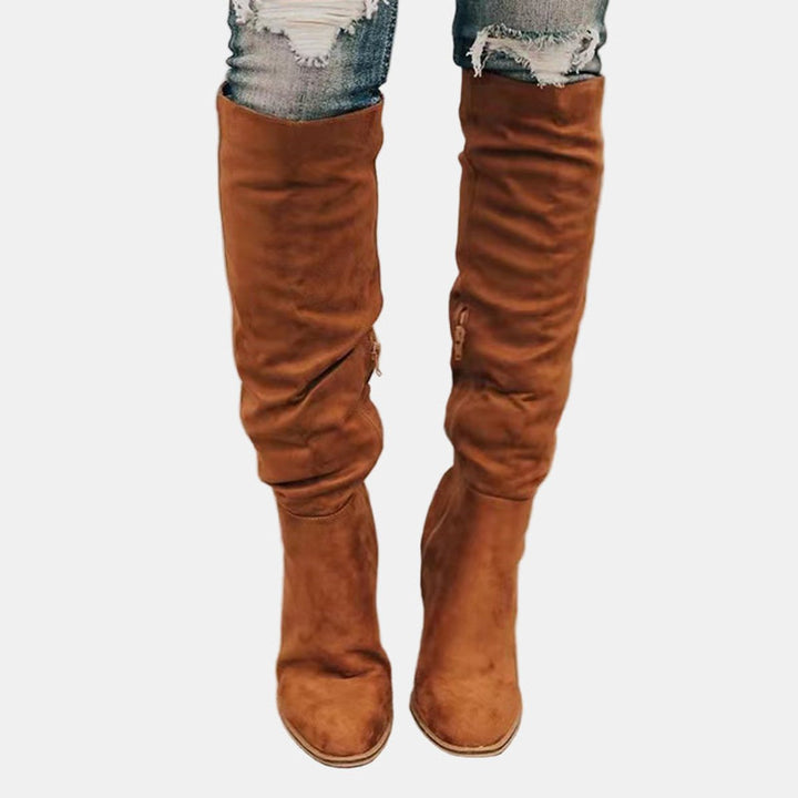 Damen Ankle Boots Overknee-Stiefel mit Blockabsatz Reißverschluss - Braun