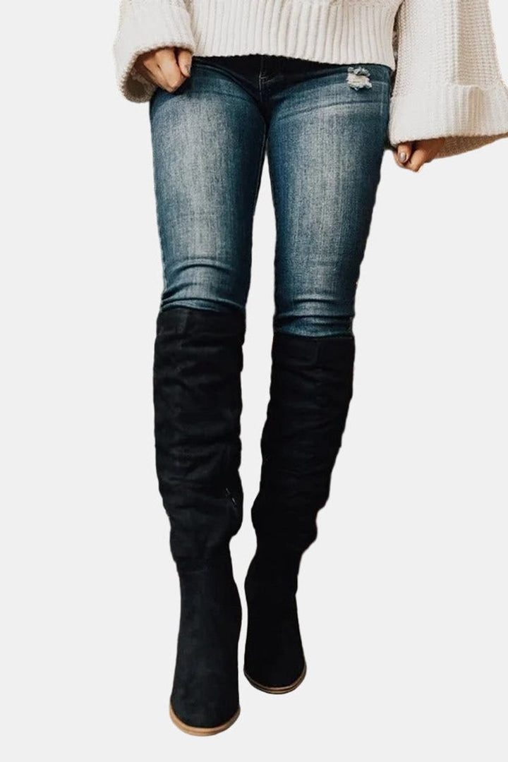 Damen Ankle Boots Overknee-Stiefel mit Blockabsatz Reißverschluss