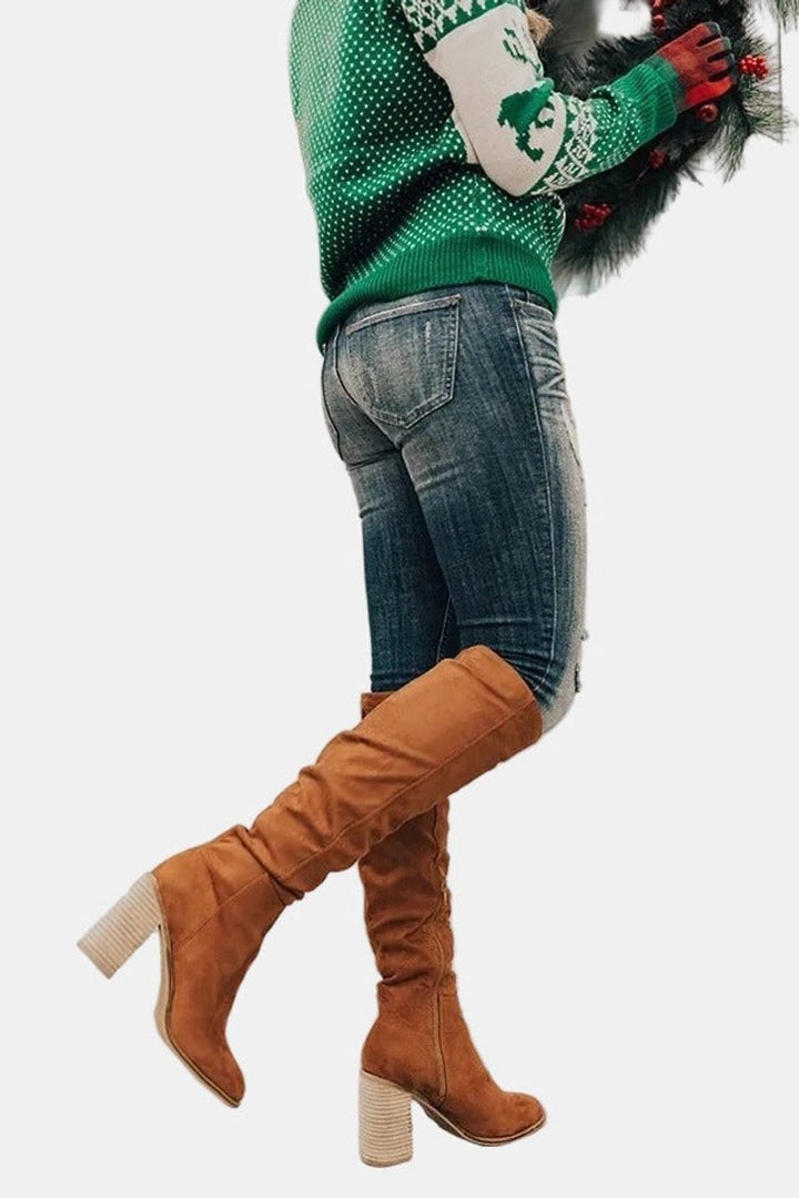 Damen Ankle Boots Overknee-Stiefel mit Blockabsatz Reißverschluss