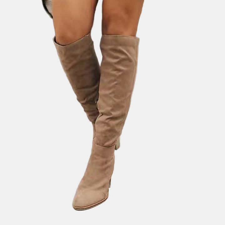 Damen Ankle Boots Overknee-Stiefel mit Blockabsatz Reißverschluss