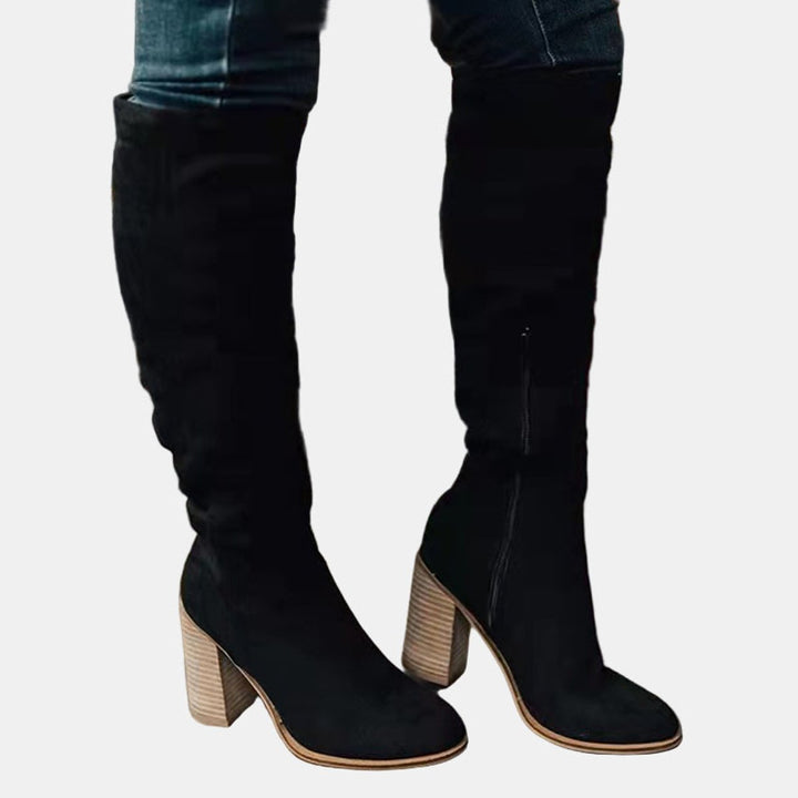 Damen Ankle Boots Overknee-Stiefel mit Blockabsatz Reißverschluss