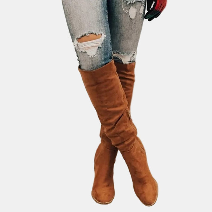 Damen Ankle Boots Overknee-Stiefel mit Blockabsatz Reißverschluss
