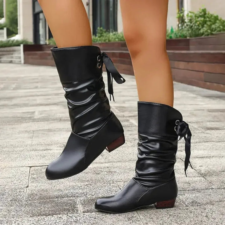 Damen Ankle Boots Schnürstiefeletten Blockabsatz Wadenhoch