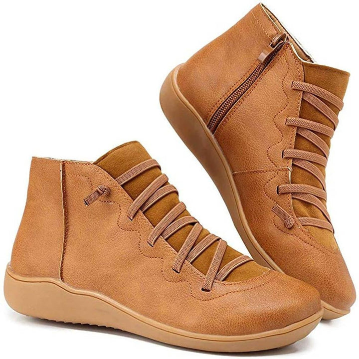 Damen Ankle Boots Schnürung Reißverschluss flache Sohle Stiefeletten - Braun