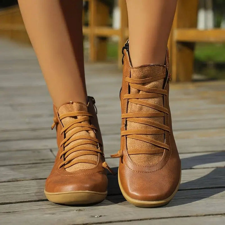 Damen Ankle Boots Schnürung Reißverschluss flache Sohle Stiefeletten