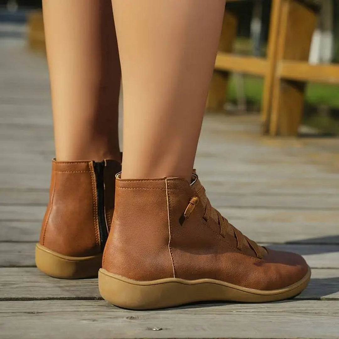 Damen Ankle Boots Schnürung Reißverschluss flache Sohle Stiefeletten