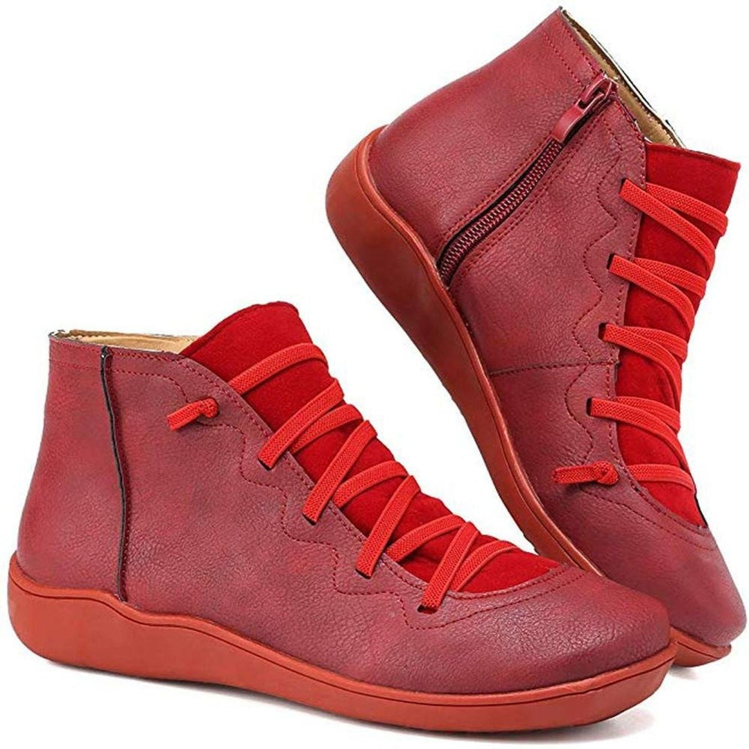 Damen Ankle Boots Schnürung Reißverschluss flache Sohle Stiefeletten - Rot