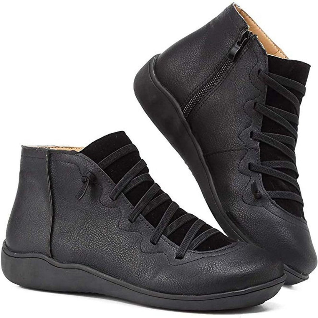 Damen Ankle Boots Schnürung Reißverschluss flache Sohle Stiefeletten - Schwarz