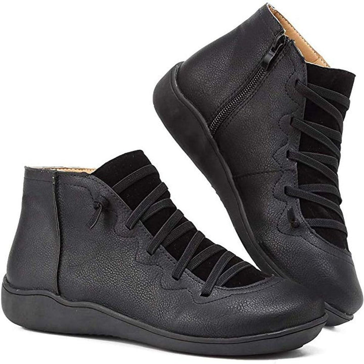 Damen Ankle Boots Schnürung Reißverschluss flache Sohle Stiefeletten - Schwarz