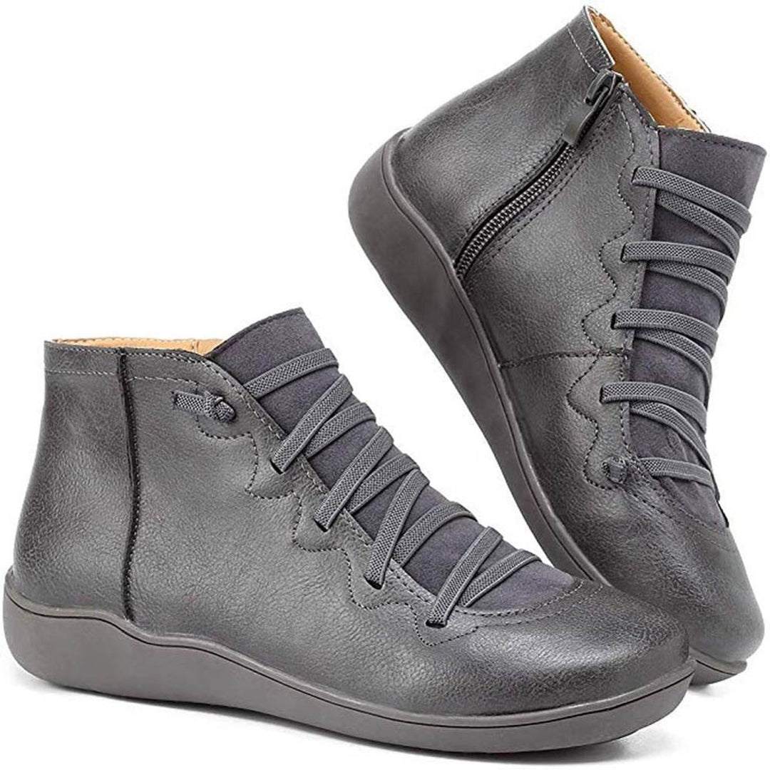 Damen Ankle Boots Schnürung Reißverschluss flache Sohle Stiefeletten - Grau