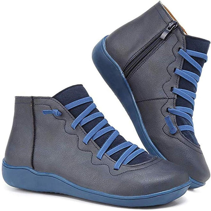 Damen Ankle Boots Schnürung Reißverschluss flache Sohle Stiefeletten - Blau