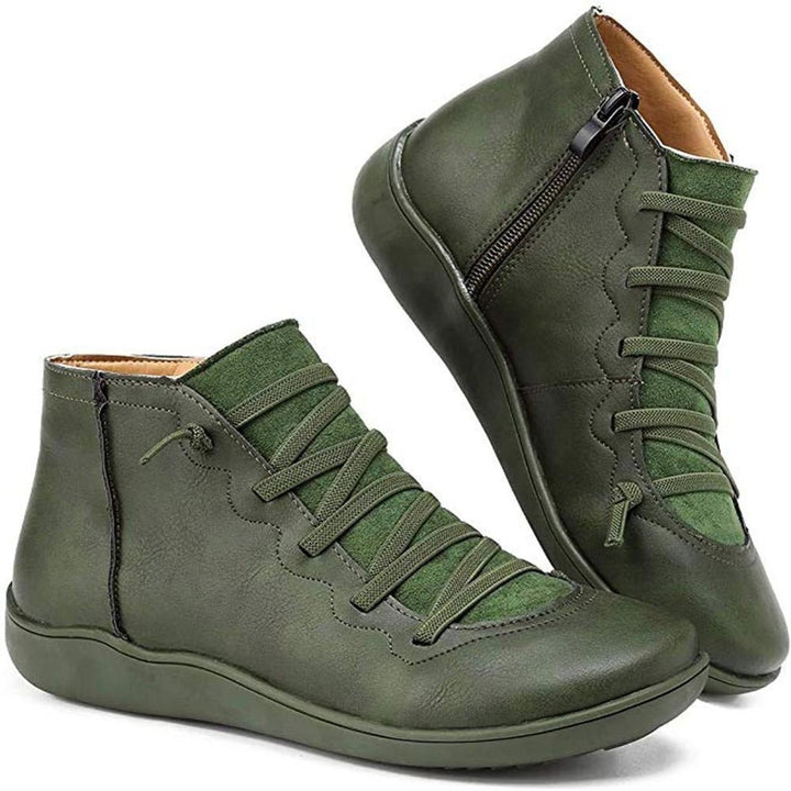 Damen Ankle Boots Schnürung Reißverschluss flache Sohle Stiefeletten - Grün