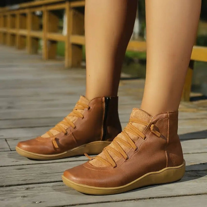 Damen Ankle Boots Schnürung Reißverschluss flache Sohle Stiefeletten