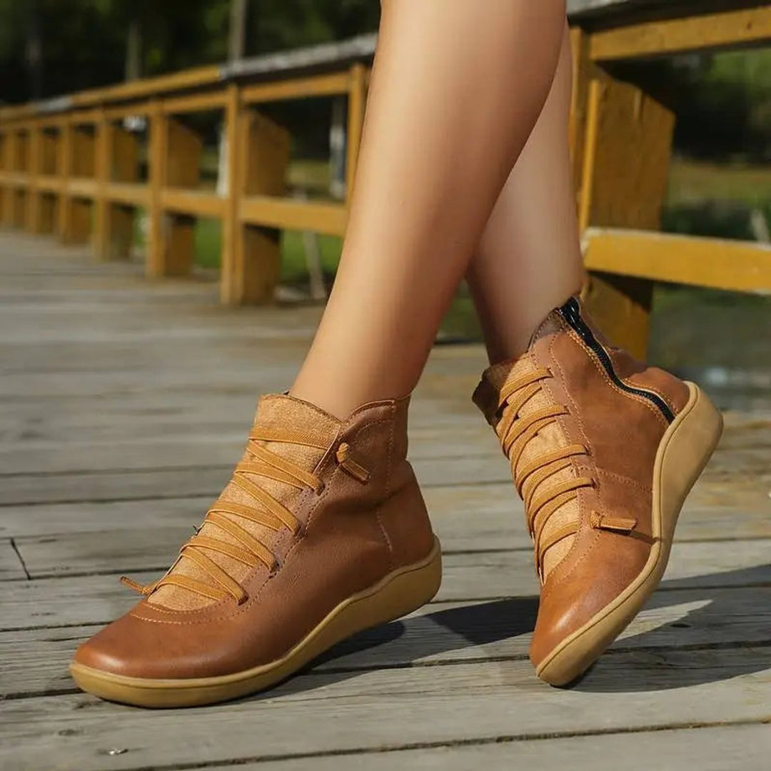 Damen Ankle Boots Schnürung Reißverschluss flache Sohle Stiefeletten