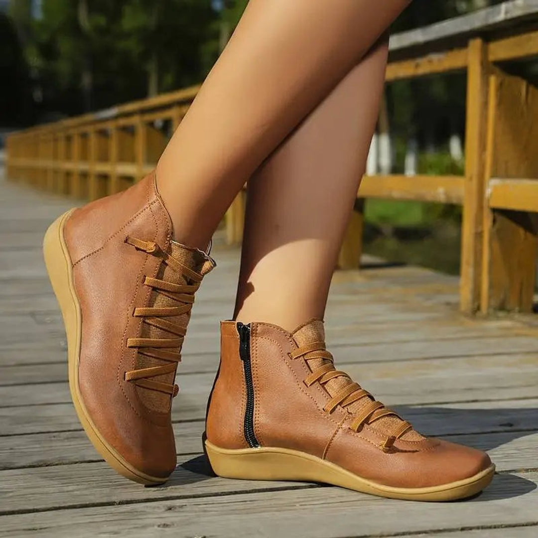 Damen Ankle Boots Schnürung Reißverschluss flache Sohle Stiefeletten
