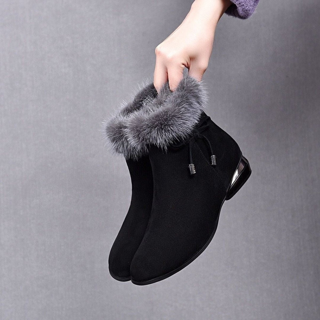 Damen Ankle Boots Wildleder-Optik Kunstfell-Stiefeletten Blockabsatz