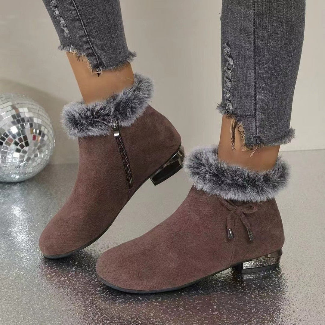 Damen Ankle Boots Wildleder-Optik Kunstfell-Stiefeletten Blockabsatz - Braun