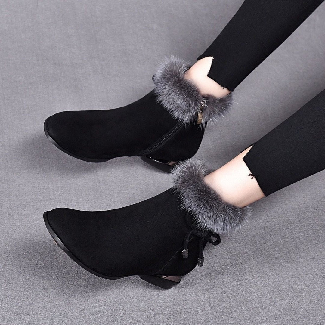 Damen Ankle Boots Wildleder-Optik Kunstfell-Stiefeletten Blockabsatz - Schwarz