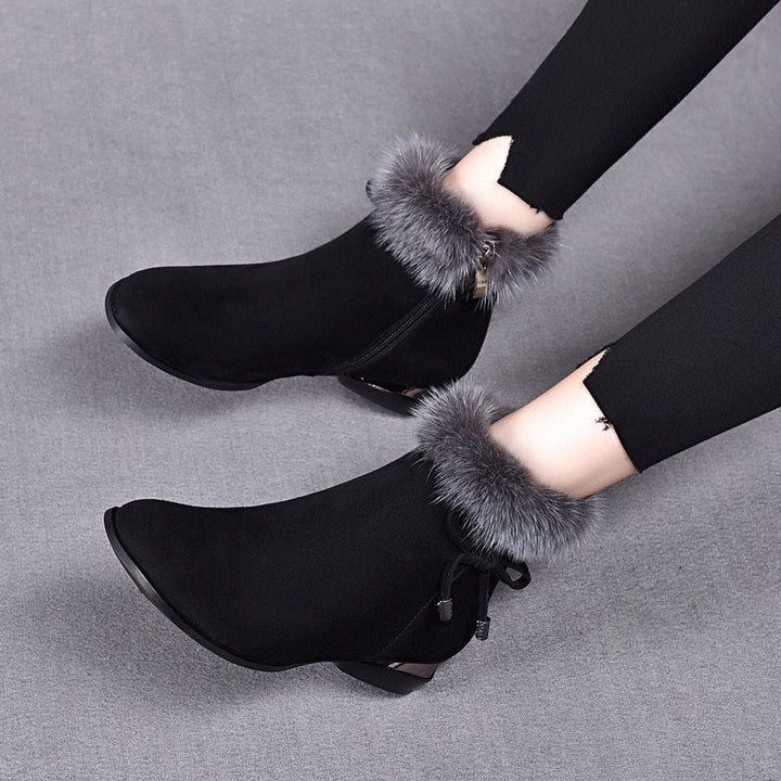 Damen Ankle Boots Wildleder-Optik Kunstfell-Stiefeletten Blockabsatz - Schwarz