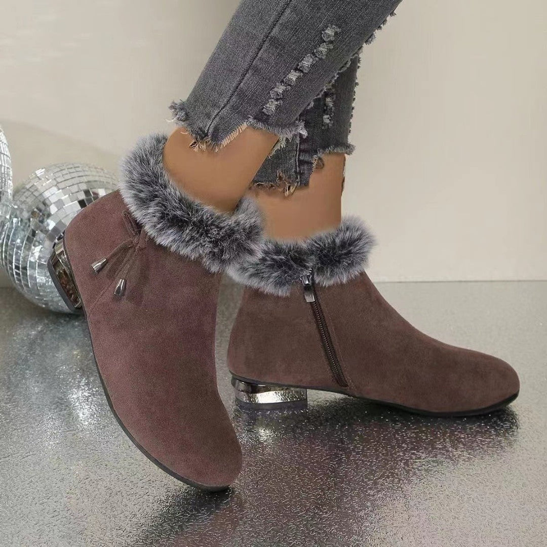 Damen Ankle Boots Wildleder-Optik Kunstfell-Stiefeletten Blockabsatz