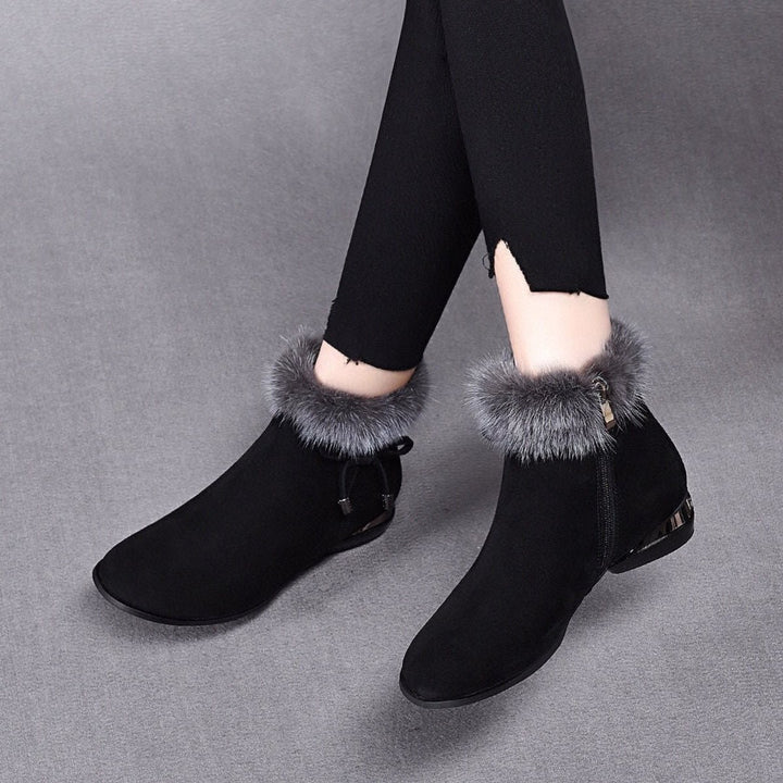 Damen Ankle Boots Wildleder-Optik Kunstfell-Stiefeletten Blockabsatz