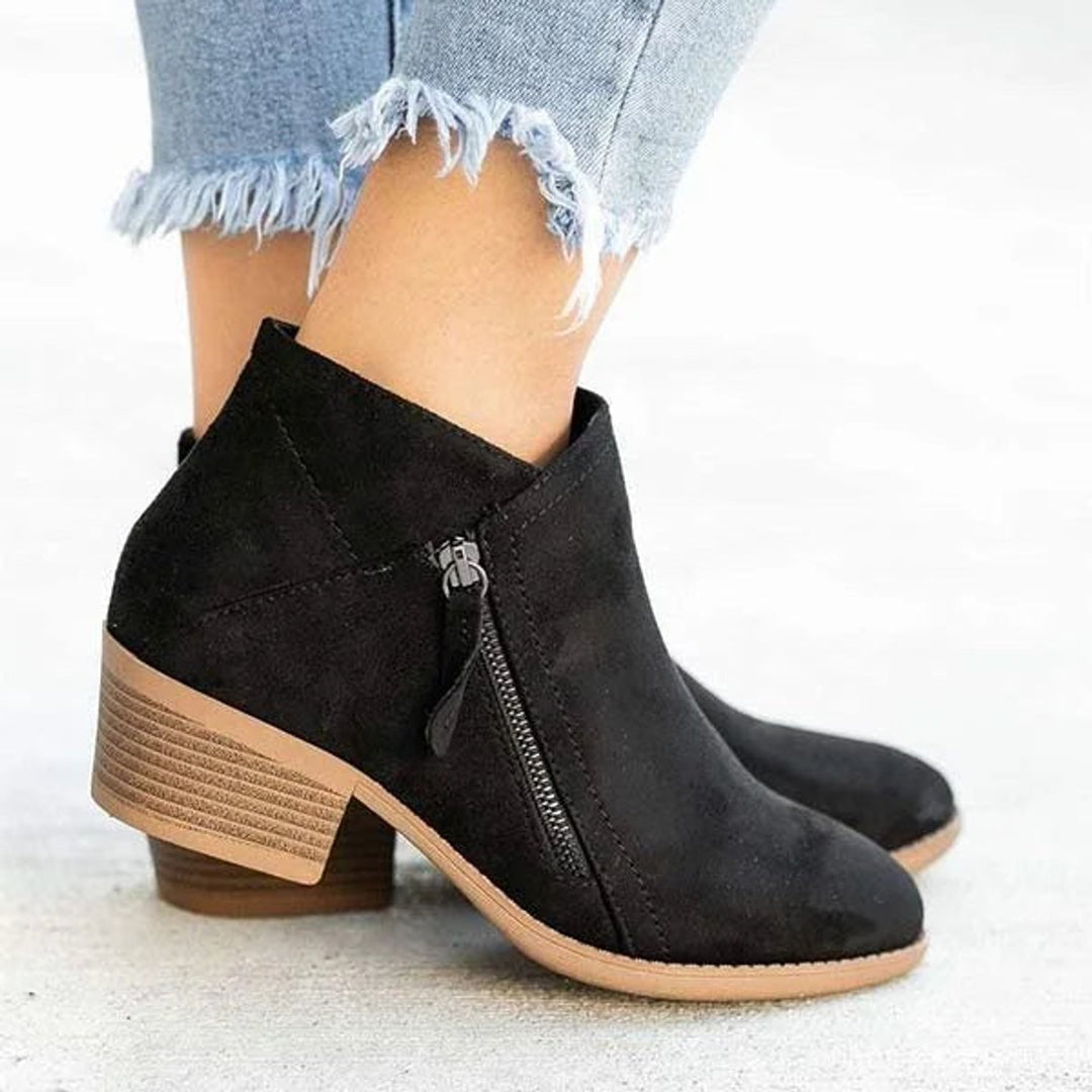 Damen Ankle Boots Wildleder-Optik Niedriger Absatz Reißverschluss - Schwarz