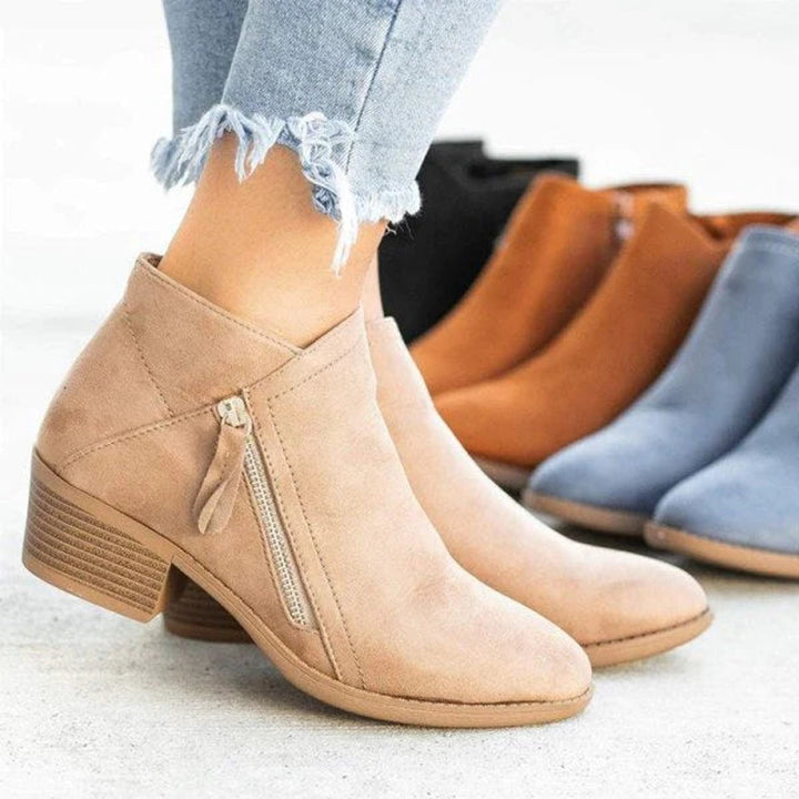 Damen Ankle Boots Wildleder-Optik Niedriger Absatz Reißverschluss - Beige